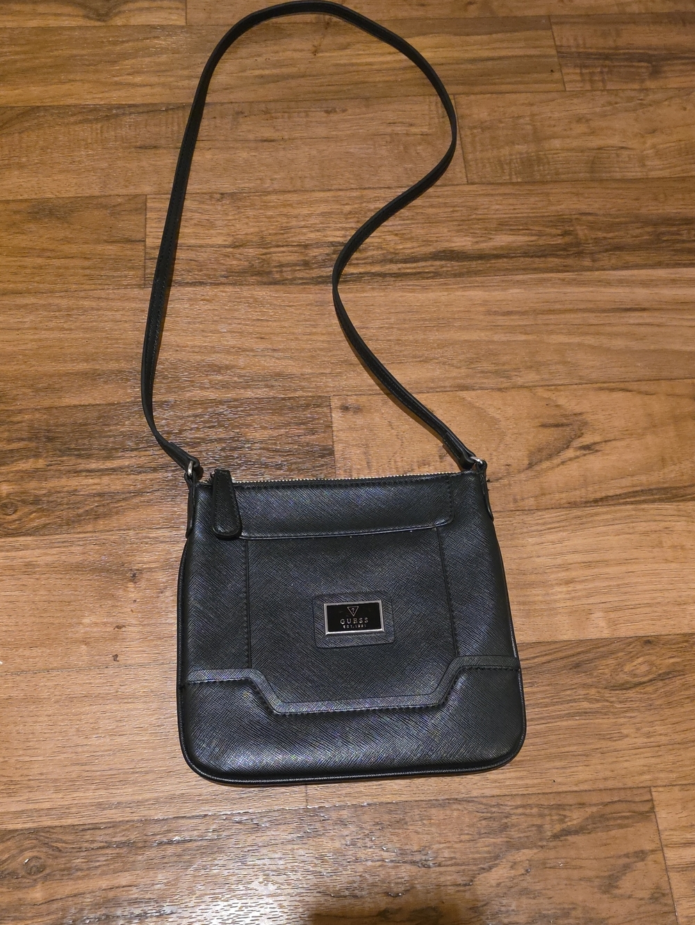 Guess Black Saffiano Crossbody Bag with Logo Plaque